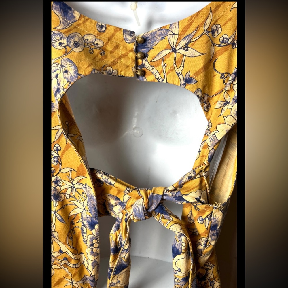 ANTHROPOLOGIE Tie Back Dress Boho Cap Sleeves Gold Blue Open Back Mini Plus 22W - Picture 9 of 12